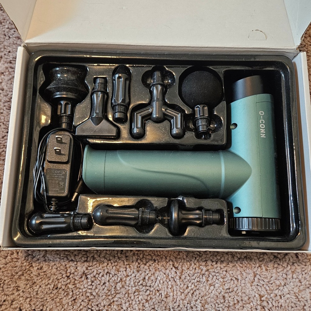 O-CONN Fascia Gun Massager Teal 8 Heads Percussion Deep Tissue Muscle Recovery